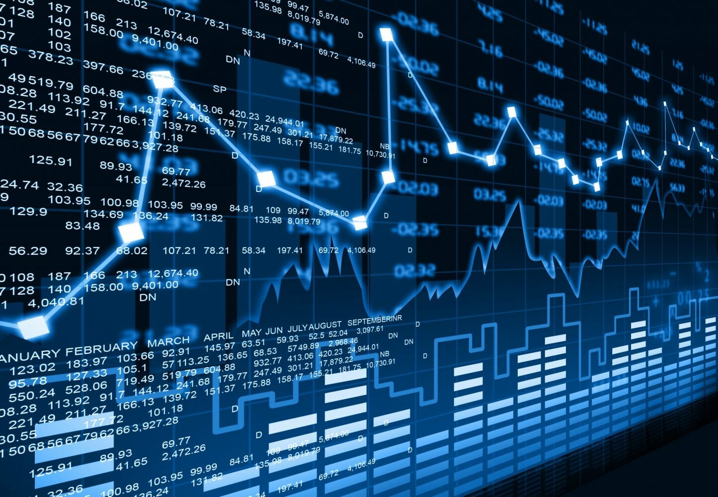 Stock,Market,Chart מסך עם מספרים, חישובים וגרפים